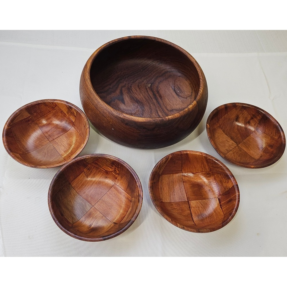 Vtg MCM Woven Parquet Wood Salad Bowl Set 5pc Dark Serving &‎ Individual Bowls